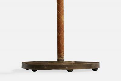 Swedish Designer Floor Lamp with Brass Leather and Fabric Sweden 1940s