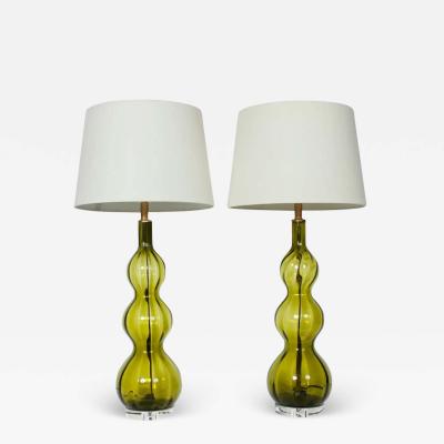 Tall Pair of Olive Green Art Glass Table Lamps 1950s