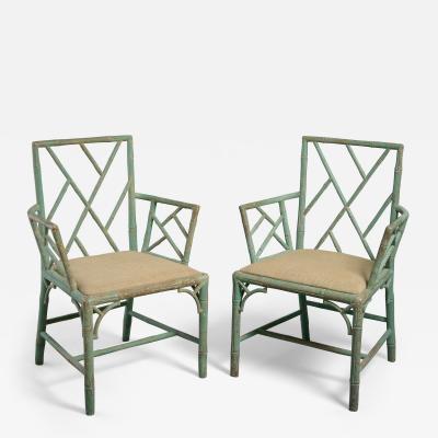 Thomas Chippendale George 111 Period Chinese Chippendale Pair of Green Painted Faux Bamboo Chairs