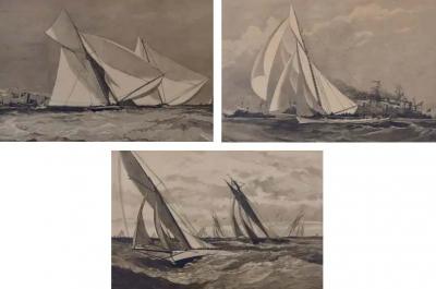 Three Engravings Depicting Sailing Yachts Competing in 1885 Americas Cup Trials