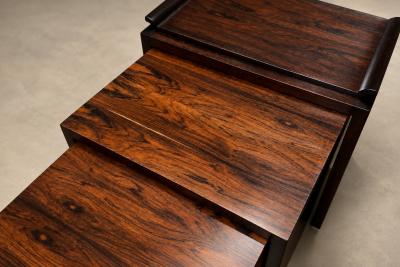 Three Rosewood Nesting Tables with Removable Tray Brass Sabots Brazil 1960s