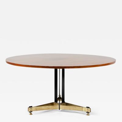 Unique large dining table with metal and brass base and veneered wooden top 