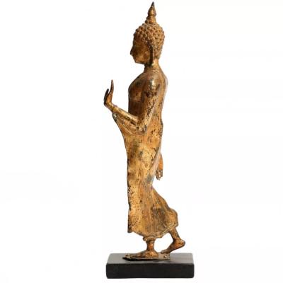 Walking Buddha Gilt Bronze Sculpture Siam Thailand 19th Century