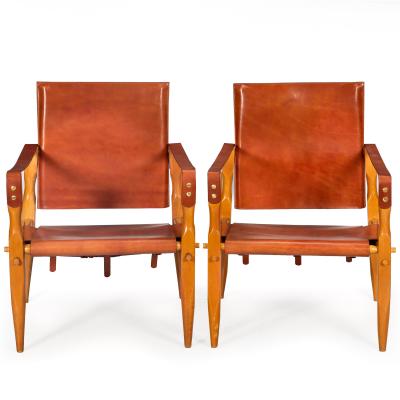 Wilhelm Kienzle Pair of Brown Saddle Leather Safari Chairs attr Wilhelm Kienzle