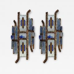  Longobard Pair of Hammered Glass Wrought Iron Sconces by Longobard Italy 1970s - 2930770