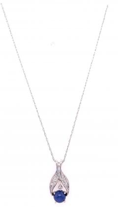 14 Karat White Gold Necklace with Cabochon Sapphire and Diamond Pendant - 2940492