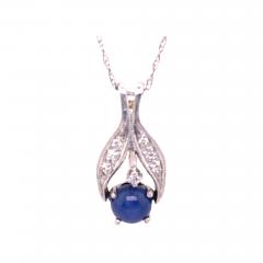 14 Karat White Gold Necklace with Cabochon Sapphire and Diamond Pendant - 2942391