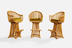 American Designer Counter Stools with Bamboo Rattan and Velvet USA 1970s - 4777754