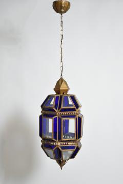 Brass and blue glass lantern ceiling lamp 1970s  - 4539675