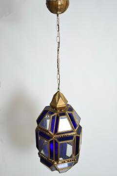 Brass and blue glass lantern ceiling lamp 1970s  - 4539676