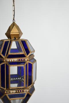 Brass and blue glass lantern ceiling lamp 1970s  - 4539677