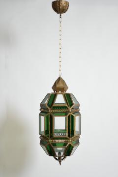 Brass and green glass lantern ceiling lamp 1970s  - 4539193