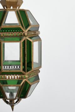 Brass and green glass lantern ceiling lamp 1970s  - 4539194
