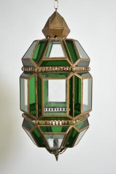 Brass and green glass lantern ceiling lamp 1970s  - 4539195