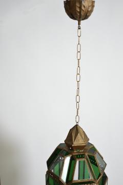 Brass and green glass lantern ceiling lamp 1970s  - 4539196