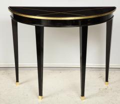 Custom Pair of Ebonized Demilune Consoles with Inlaid Brass Top - 1048965