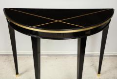 Custom Pair of Ebonized Demilune Consoles with Inlaid Brass Top - 1048968