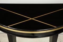Custom Pair of Ebonized Demilune Consoles with Inlaid Brass Top - 1048969