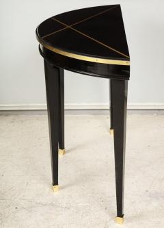 Custom Pair of Ebonized Demilune Consoles with Inlaid Brass Top - 1048971