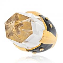 David Webb DAVID WEBB PLATINUM 18K YELLOW GOLD ROCK CRYSTAL BLACK ENAMEL DIAMOND RING - 2936033