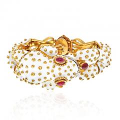 David Webb DAVID WEBB PLATINUM 18K YELLOW GOLD WHITE ENAMEL FROG WITH RUBY EYES BRACELET - 2936022