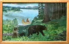 Early Canadian Landscape Indian and Bear Folk Art Oil On Panel Painting - 2756184