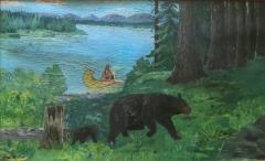 Early Canadian Landscape Indian and Bear Folk Art Oil On Panel Painting - 2756192