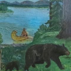 Early Canadian Landscape Indian and Bear Folk Art Oil On Panel Painting - 2756195