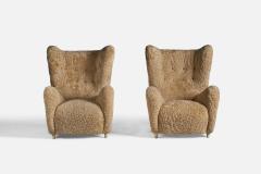 Emilio Sarrachi Sizeable Lounge Chairs with Shearling and Wood Italy 1940s - 4765710