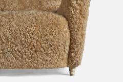 Emilio Sarrachi Sizeable Lounge Chairs with Shearling and Wood Italy 1940s - 4765713