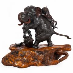 Exceedingly Fine Bronze Okimono of Elephant Attacked by Tigers - 4407157