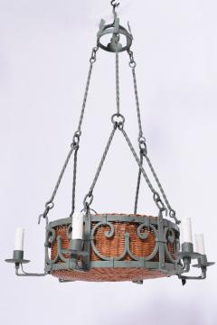 Green wrought iron and wicker ceiling lamp 1940s  - 4539685