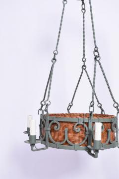 Green wrought iron and wicker ceiling lamp 1940s  - 4539686