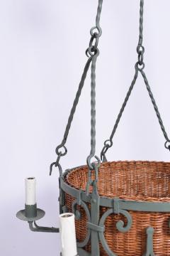 Green wrought iron and wicker ceiling lamp 1940s  - 4539687