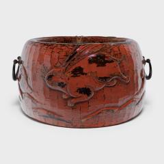 Japanese Red Lacquer Negoro Hibachi with Rabbits - 4459808