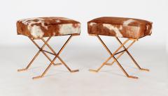 Pair Gilt iron Cowhide X frame Benches in the Jean Michel Frank Manner - 2281541