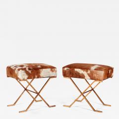 Pair Gilt iron Cowhide X frame Benches in the Jean Michel Frank Manner - 2282942