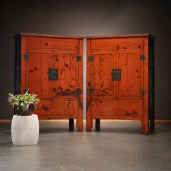 Pair of Red Lacquer Cabinets with Birds in Flight - 4181487