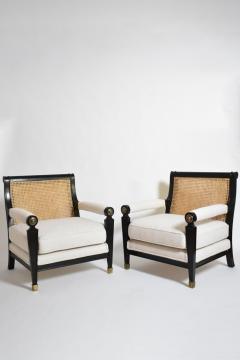 Pair of neoclassical ebonised wood and caning armchairs 1960s  - 4539218