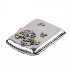 Silver Cigarette Case With Enamel Decor Of Peonies And A Bird Japan - 4781616