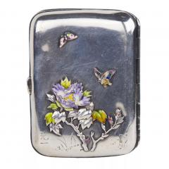 Silver Cigarette Case With Enamel Decor Of Peonies And A Bird Japan - 4781617