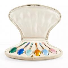 Silver Guilloche Enamel Spoon Set In Original Presentation Case Western Europe - 4781768