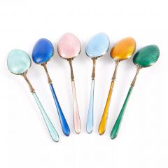 Silver Guilloche Enamel Spoon Set In Original Presentation Case Western Europe - 4781769