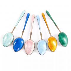 Silver Guilloche Enamel Spoon Set In Original Presentation Case Western Europe - 4781770