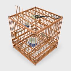 Square Bamboo Birdcage with Blue White Waterpots - 4165341