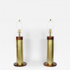 Walter Von Nessen Substantial Pair Walter Von Nessen Style Brass Walnut Trench Art Table Lamps - 2929320