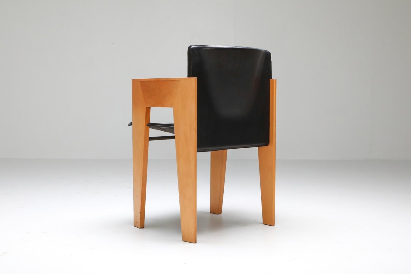 Arco Postmodern Sculptural Leather & Wood Chairs By Arco 1980s
