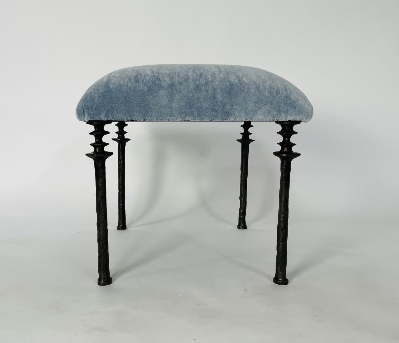 Bourgeois Boheme Atelier Pair of Stools, Blue Mohair Fabric