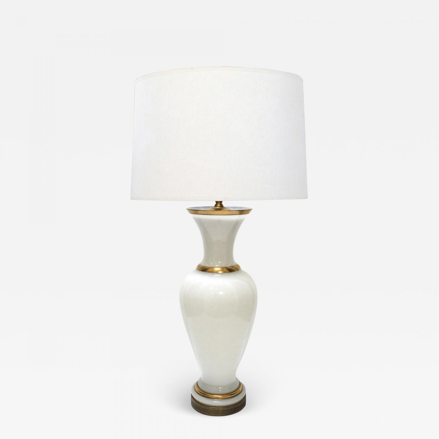 Trots Senator Leeds A Large French 1960's White Opaline Glass Lamp with Gilt Highlights