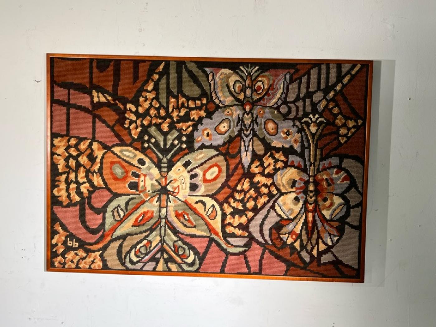 AMAZING MID CENTURY BUTTERFLY NEEDLEPOINT